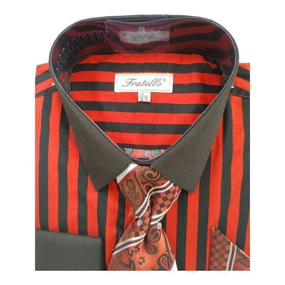 MEN'S FRATELLO BOLD BLACK/RED STRIPE FRENCH CUFF DRESS SHIRT. FRV4159P2 - Picture 2 of 4
